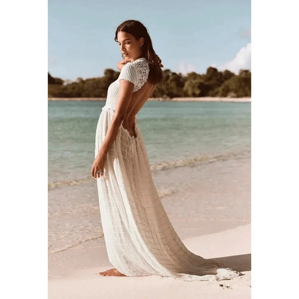 Free People Ivory White Serenity Floral Embroidery Cut Out Rib Flowy Maxi Dress
